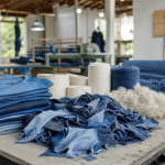Peças jeans, aparas de algodão, fibras desfibradas e rolos de fio em ambiente de produção têxtil