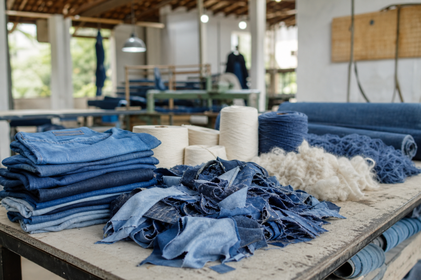 Peças jeans, aparas de algodão, fibras desfibradas e rolos de fio em ambiente de produção têxtil