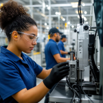 Trabalhadores atuam em uma linha de produção industrial enquanto máquinas operam ao fundo.