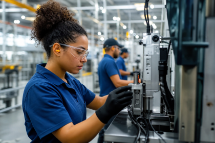 Trabalhadores atuam em uma linha de produção industrial enquanto máquinas operam ao fundo.