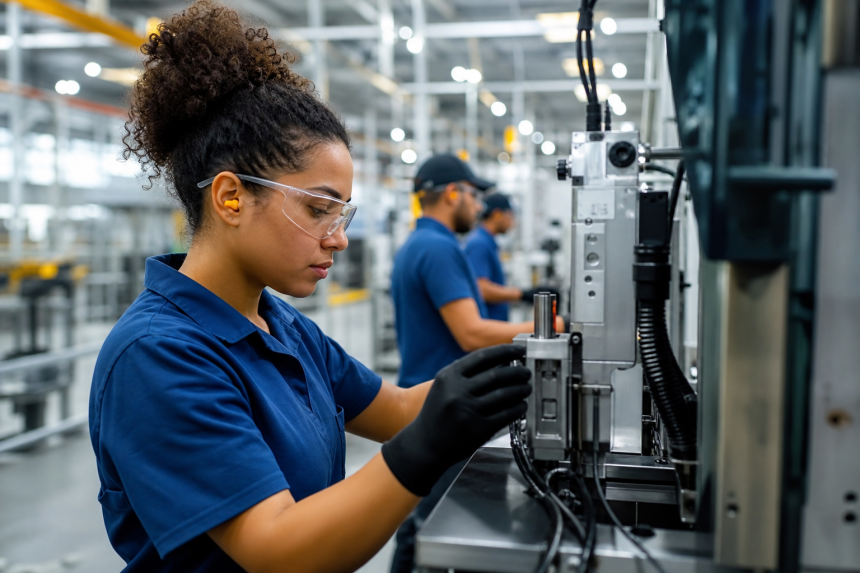 Trabalhadores atuam em uma linha de produção industrial enquanto máquinas operam ao fundo.