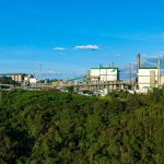 Planta industrial de celulose cercada por uma área de floresta no Brasil